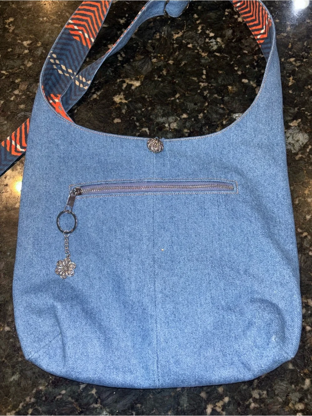 Reversible Handmade Denim & Plaid Crossbody Tote Bag travel reading